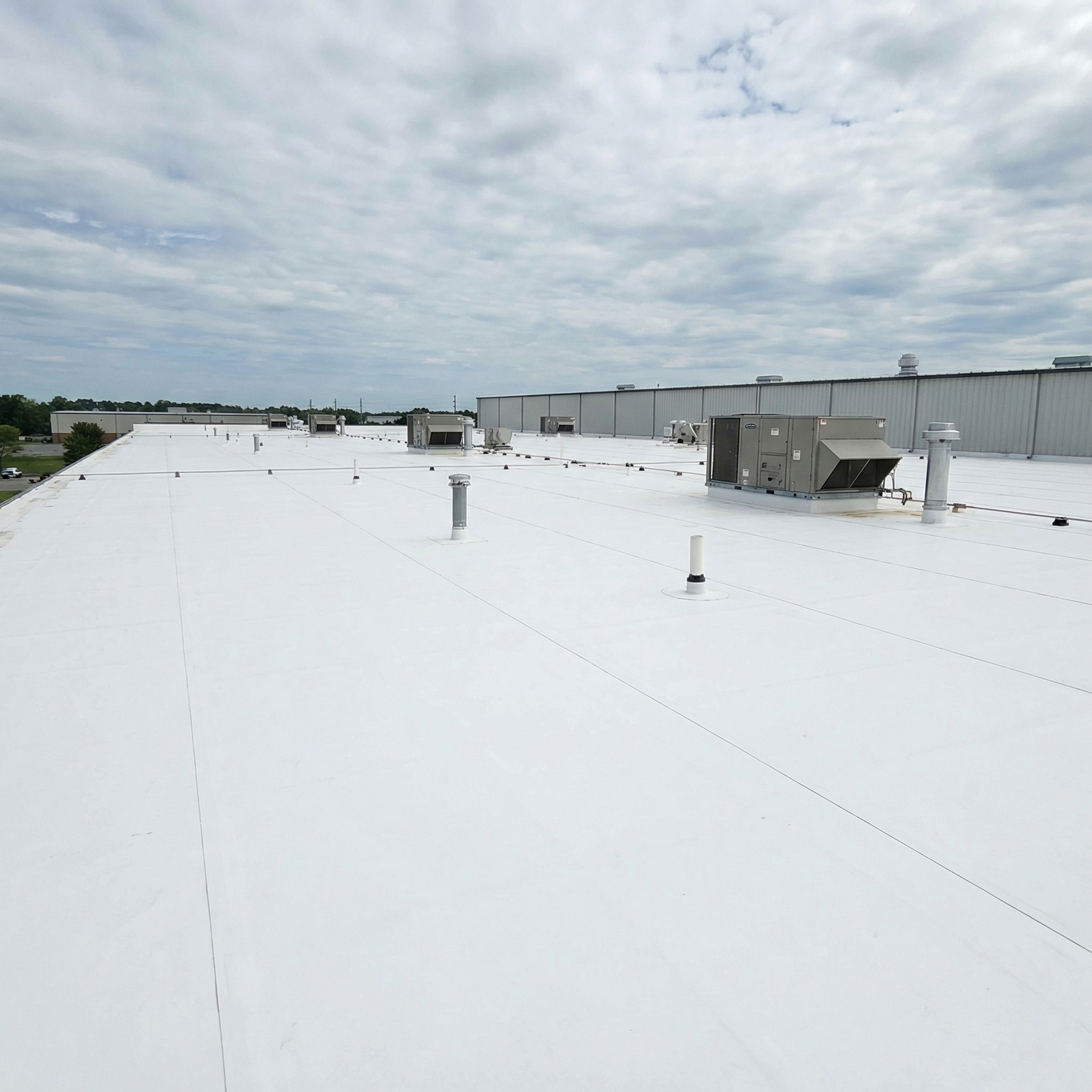 White commercial TPO roof on a low-slope warehouse with rooftop equipment